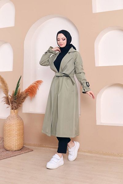 Vibeys Collection Green Sleeve Detailed Belted and Lined Waterproof Women's Trench Coat