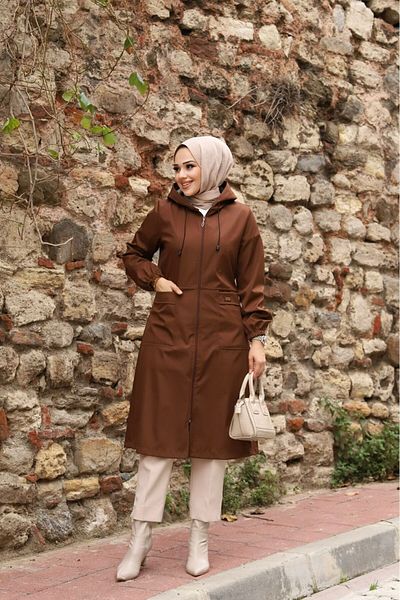 Marjinal City Brown Striped and Hooded Waterproof Women's Trench Coat