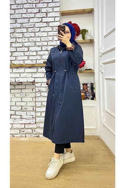 Marjinal City Navy Blue Leopard Patterned and Self Lined Waterproof Women's Trench Coat