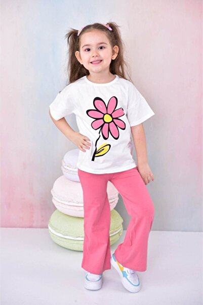 EXTRAÇARŞI طقم نادل برقبة دائرية وطبعة زهرة الأقحوان للفتيات بعمر 4/12 سنة