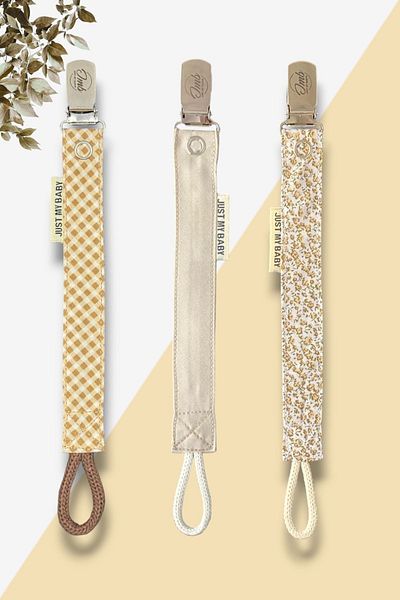 JMB Just My Baby Coffee Color 3-Piece Pacifier Strap - Checkered/Beige Floral Pattern, Washable, Cotton