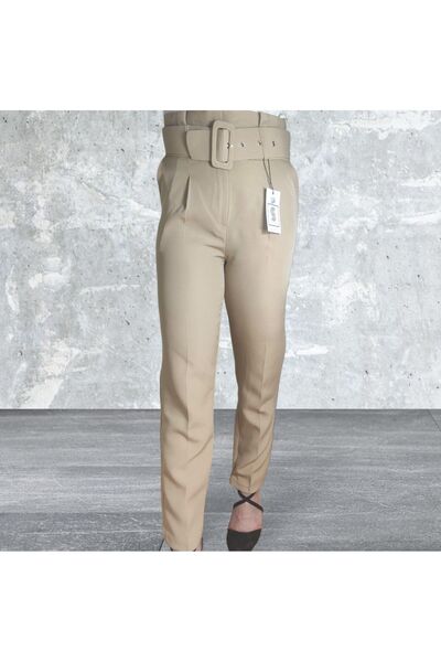 Sublime Butik Pantaloni sezonieri din stofă de damă cu picior îngust, maro