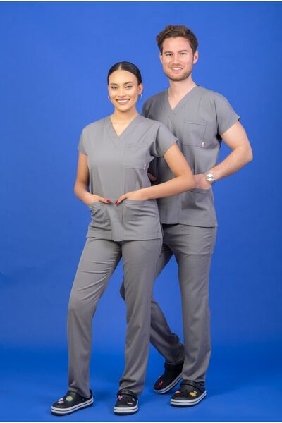 Genel Markalar Tek Üst Unisex Kalıp Gri Likralı Hemşire / Doktor Forması Scrubs