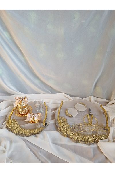 Destina Tasarım Gold Epoxy - Σετ δίσκου καφέ αρραβώνων και γαμπρού