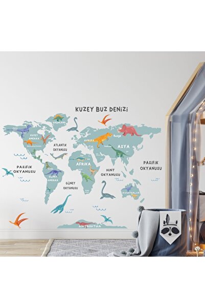 Dos Junior Company Dinozorlu Mavi Türkçe Dünya Haritası 150 x 90 cm