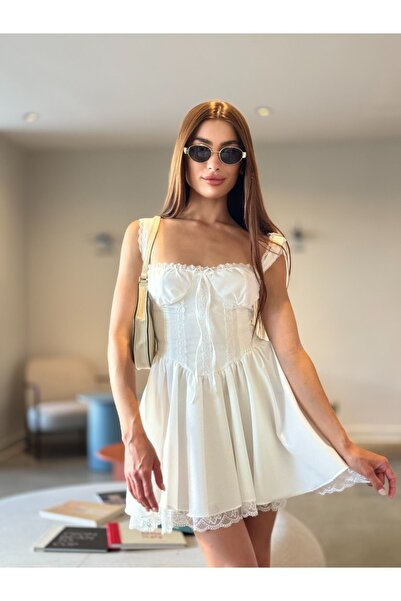 LOCH BUTİK VİRAL BEYAZ DANTELLİ ASKILI ELBİSE