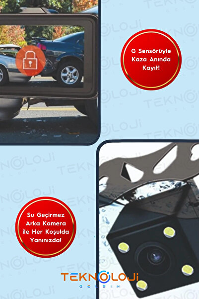 Teknoloji Gelsin Araç İçi Kamera 4'' Lcd Ekran 3 Kameralı 170° Geniş Açı 1080p G-Sensör Gece Görüşlü Uyumlu Yol Kayıt