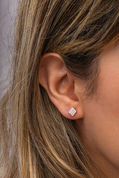 Nereze 925 Ayar Gümüş Rose Kaplama Minimal Kare Model Küpe