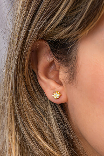 Nereze 925 Ayar Gümüş Gold Kaplama Minimal Kral Tacı Küpe