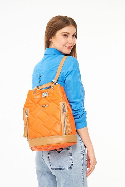 morpelikan Orange Quilted Embroidered Women's Backpack - Drawstring Design