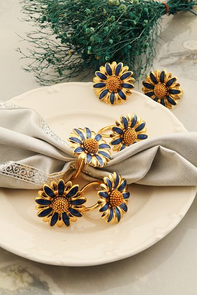 TR Turan Collection PAPATYA Δαχτυλίδι Πετσέτας Πολυτελείας 6 τεμαχίων - Χρυσό Χρώμα, Μπλε Λουλούδι Μοντέλο