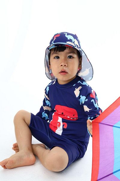 PODİUM GİYİM NEW SEASON CUTE DINASOR UV PROTECTED LONG SLEEVE ZIPPERED HAT BABY-KIDS SWIMSUIT SET