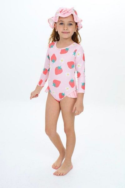 PODİUM GİYİM TREND LONG SLEEVE BABY GIRL-KIDS SWIMSUIT WITH HAT, Ruffle ROPE STRAP, STRAWBERRY PATTERNED, UV PROTECTION
