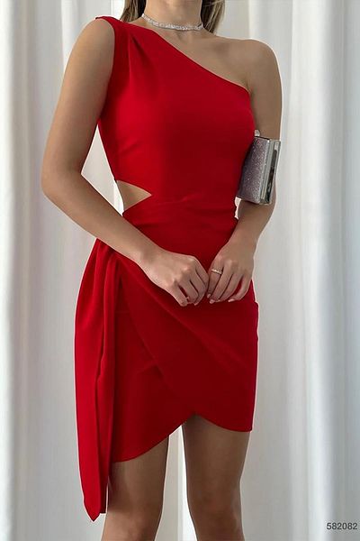 Planet Prestige Rochie roșie cu fustă asimetrică cu un umăr