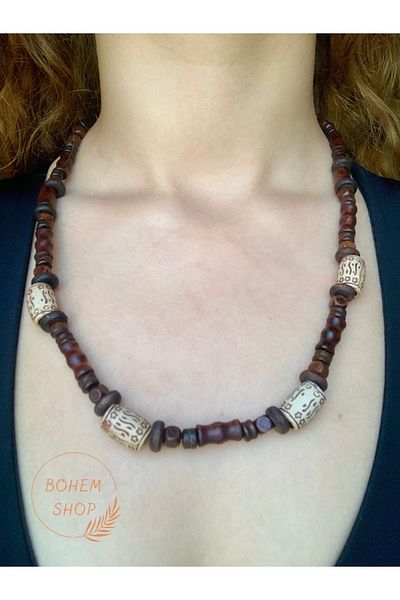 Bohem Shop Ethnic Hippie Style Patterned Wooden Necklace - Cream Summer Embroidered