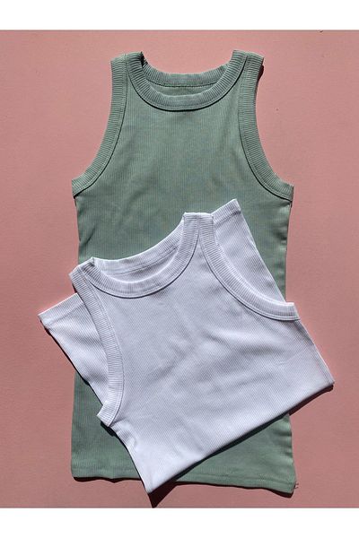 MODALİNOSA 2-Piece Halter Neck Cotton Camisole Women's T-shirt Undershirt - Green White