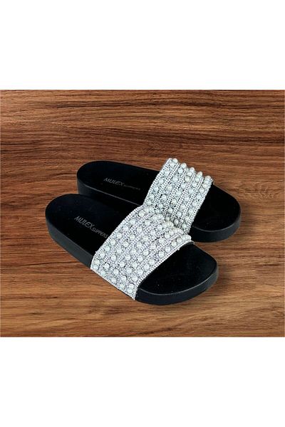 MULEX Silver Women's Slippers with Pearls - Comfort Sole