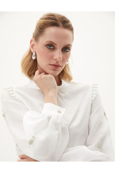 Kayra Taş İşlemeli Gofre Tunik-Beyaz - 44