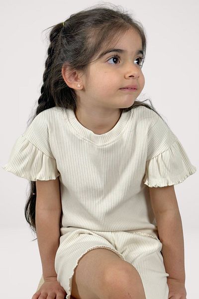 EMYTOF Girl's Ecru Summer Set - 100% Cotton, Frilly Bottom and Top Set, 3-8 Years