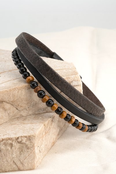 Chillin' Set of 3 Leather and Beaded Gift Men's Combination Bracelets
