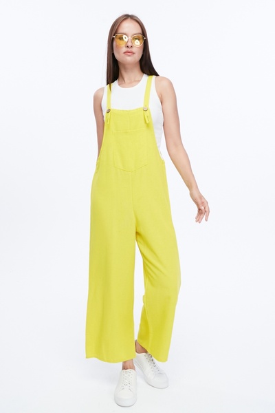 Primaro Önden Cepli Düğmeli Askılı Sarı Tulum