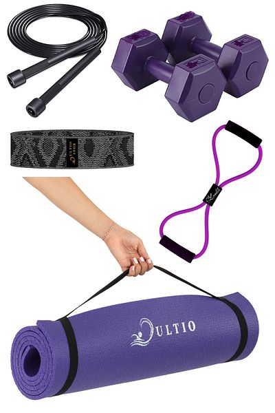 Ultio Spor Μωβ Σετ Pilates 10 mm Μαξιλάρι Pilates 2 ζεύγη 1 Kg Dumbbell Squat Band Resistance Rubber και σχοινί άλματος