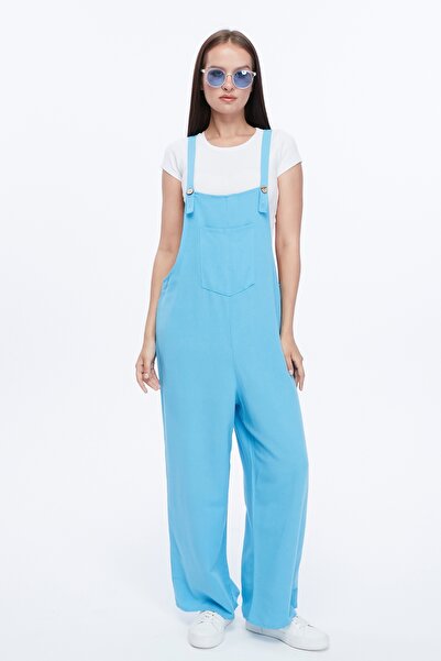 Primaro Önden Cepli Düğmeli Askılı Mavi Tulum