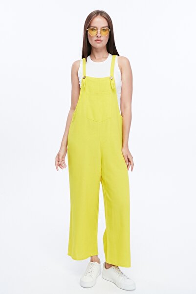 Primaro Önden Cepli Düğmeli Askılı Sarı Tulum