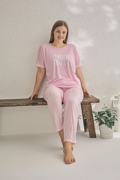 Estiva Women's Happy Lettered Short Sleeve Large Size Summer Viscose Pajamas Set - Pink