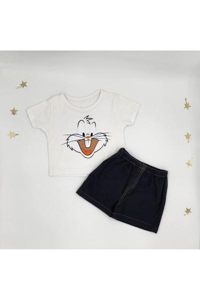 By Cwhr Bugs Bunny Patterned Boy's Lacoste Suit - 100% Cotton T-Shirt and Denim Shorts