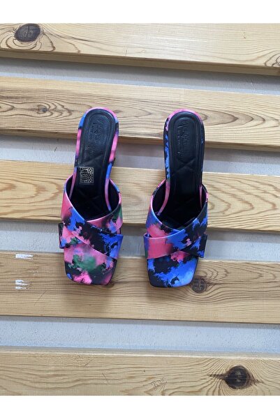 İpek kadın çapraz fuşya pembe şeffaf renkli topuklu terlik