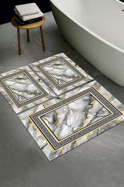 ALAADDİN CARPET Baza anti-alunecare rezistenta la pete Lavabila 3 piese (60x100) 2 (50x60) Covor de baie Covor de baie Set scaun de toaleta