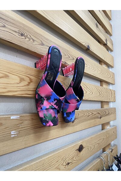İpek kadın çapraz fuşya pembe şeffaf renkli topuklu terlik