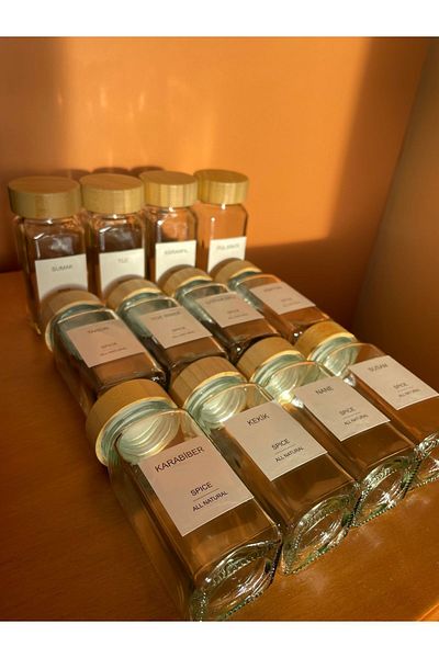 mübish Set of 12 Minimal Bamboo Glass - with Spice Rack and Labels