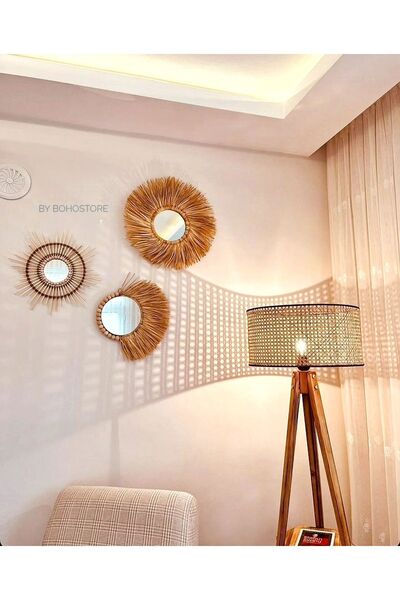 GLSTN By Bohostore 3'lü bohem dekoratif ayna,rafya ayna , ahşap ayna, yuvarla...