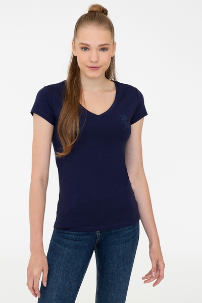 U.S. Polo Assn. Tricou de bază pentru femei, albastru bleumarin, cu decolteu ...