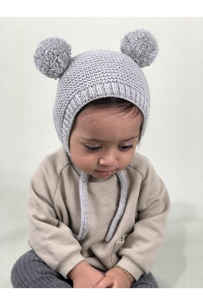 DERY BABY Unisex Pompom Baby Knitted Bonnet Beanie-grey
