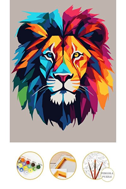 Puzzle Sayılarla Boyama ASLAN TABLO 35X50 Tuval Kasnaklı Fırça+BOYA Hediyeli