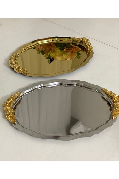 Elzemm store صينية عرض بيضاوية مقاس 20*25 سم بمقابض - ذهبي وفضي