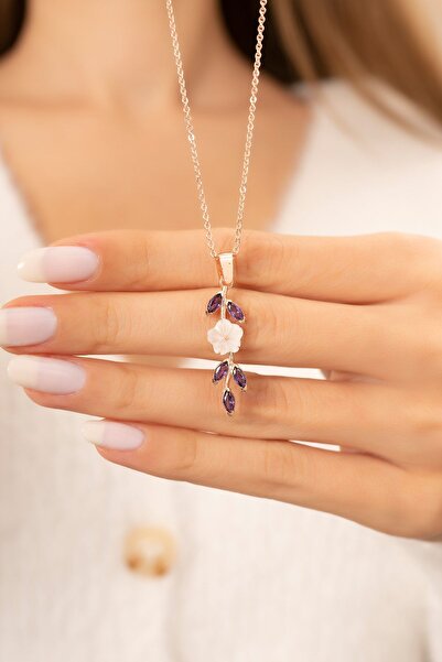 Armes Silver Manolya Çiçeği Uzun Model Mor Taşlı 925 Ayar Gümüş Kadın Kolye