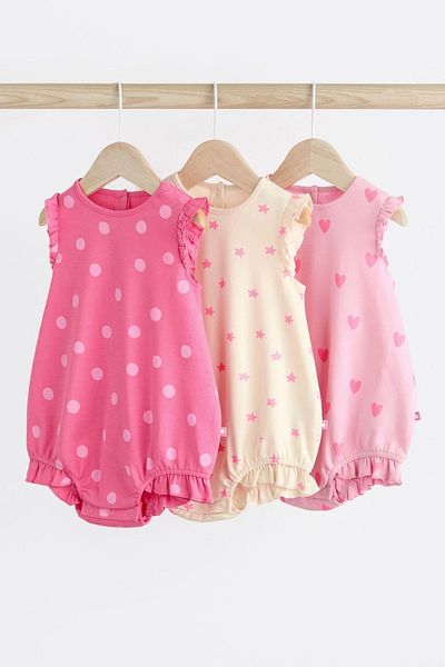 Next Baby Pink Heart Patterned 100% Cotton 3 Piece Romper Set