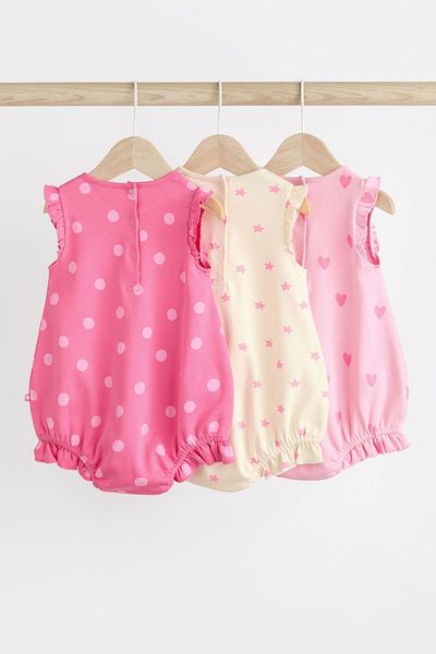 Next Baby Pink Heart Patterned 100% Cotton 3 Piece Romper Set