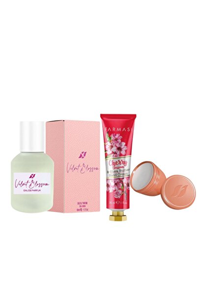 Farmasi Velvet Blossom Kadın Parfümü + Perfecting Balm Orange + Kıraz Çıçeğı & Shea Yağı El Kremi 30 ml seti