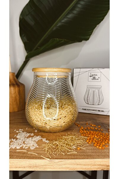 Luca Mia Bambu Kapaklı Çizgi Desenli Cam Kavanoz 800 ml