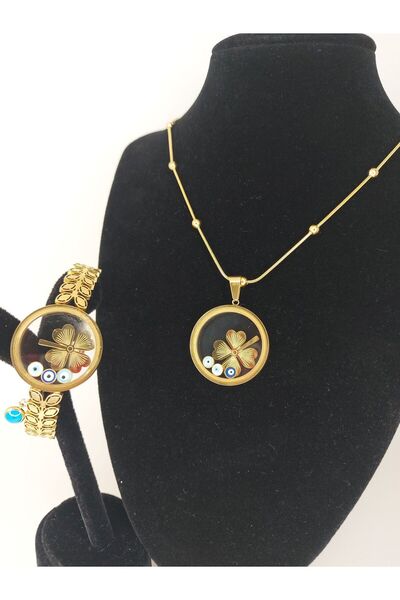 Romea Dorika Zincir Kolye, Yaprak Desenli Fanuslu Kelepçe, Açılan Takı Seti
