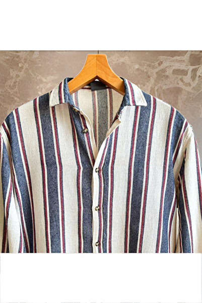Hazhers Erkek Oversize Gömlek Yaka %100 Keten Uzun Kollu Yazlık Gömlek