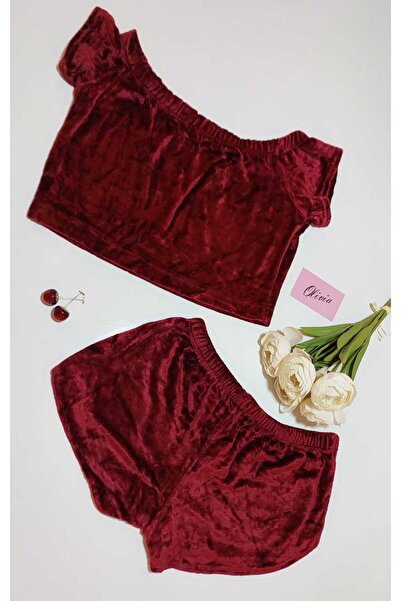 OLİVA Bordo Kadife Kayık Yaka Kısa Kroplu Kısa Şortlu 2 li Takım Gecelik