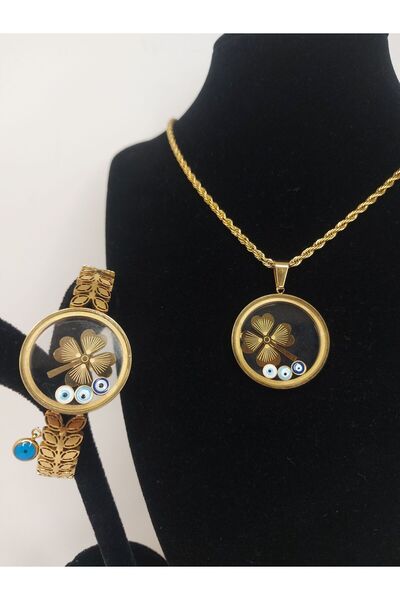 Romea Yoncalı Burgu Zincir Kolye, Yaprak Desenli Kelepçe Takı Seti, Açılan Çelik Set