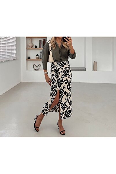 silk&more Ecru-Black Patterned Linen Skirt - Slit Detail and Belted