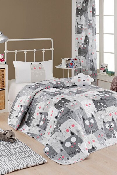 Enlora Home Kapitone Yatak Örtüsü Seti Tek Kişilik DuvardaKediler Gri
